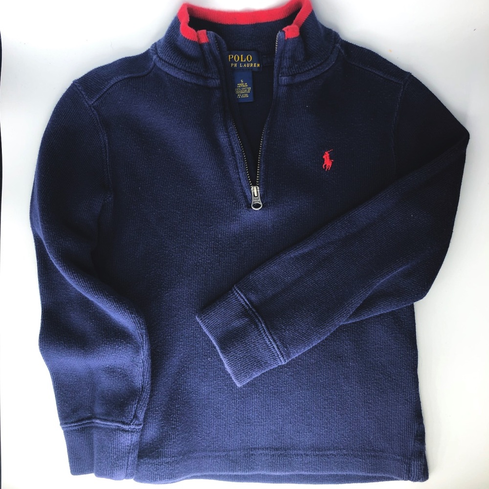 POLO RALPH LAUREN QUARTER ZIP SWEATER NAVY BLUE WITH RED CONTRAST LOGO / COLLAR